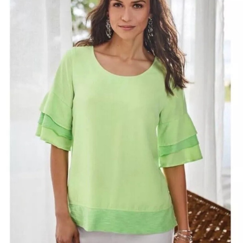 Soft Surroundings Oakleigh Top Margarita Green Tiered Casual Short Sleeve Sz XL